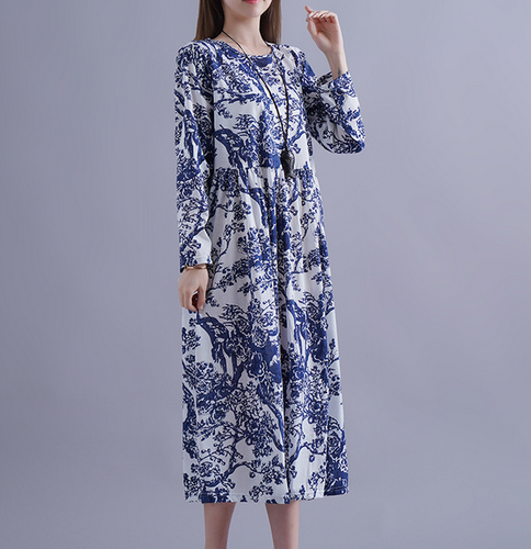Mujer Cuello Redondo Suelto Informal Vestido Mangas Largas Estilo Étnico Floral Maxi Vestido - Imagen 4 de 10