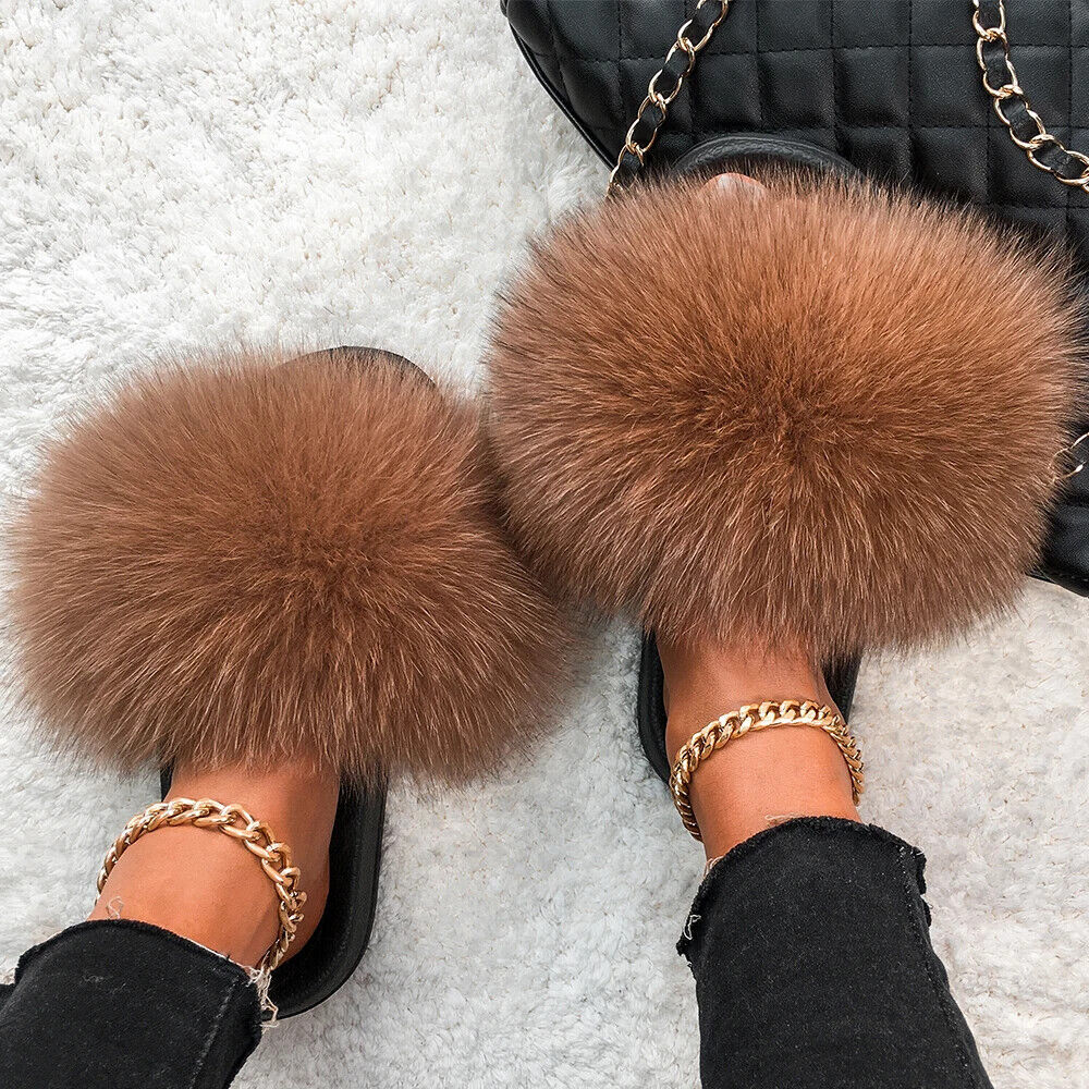 PANTOFOLA D’ORO Pantofole pelose vera fattoria pelliccia di volpe soffici scivoli fuzzy moda peluche stile donna