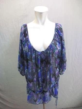 Pure Energy Size L Women Mutli 3/4 Sleeve Low-Cut Loose Sheer Cover-Up Top 7W278