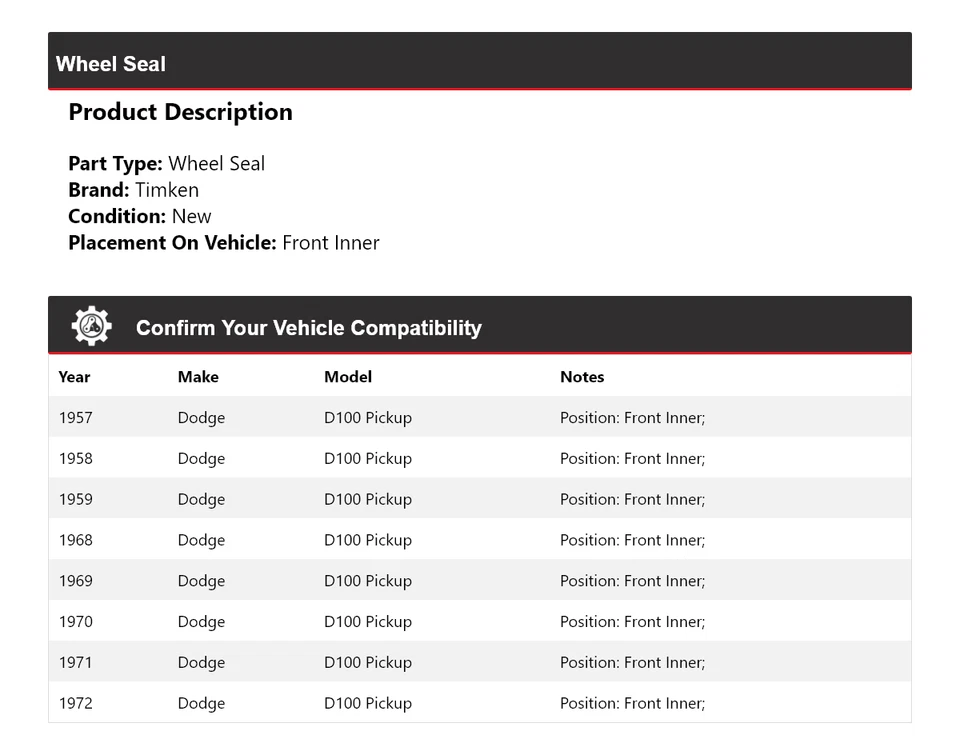 Sello de rueda interior delantero Timken para camioneta Dodge D100 1957-1959, 1968-1972 Foto 2 de 4