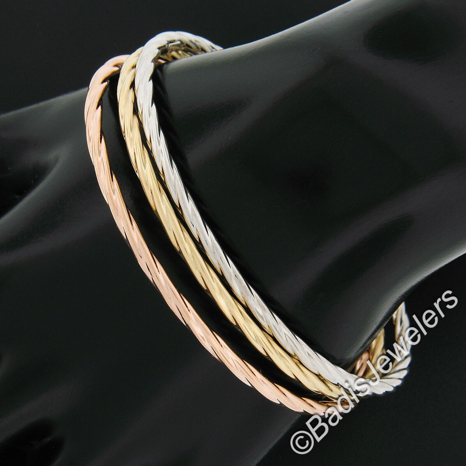 (3) 14k Tri Color Gold 7.75 Polished Twisted Slip On Stack Bangle Bracelet  Set