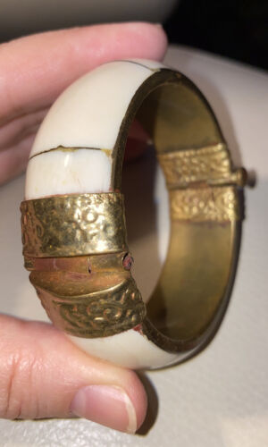VIntage Ivory Colored Bone +Brass 7” Hinged Bangle Bracelet | eBay