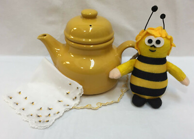 Teapot Yellow Ceramic w/ Bumble Bee Doily Hanky Embroidered & Plush Figure Lot 4