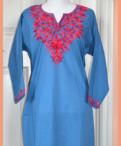 Top túnica larga de algodón bordado rojo color azul Kurti de la India!! - Imagen 2 de 5