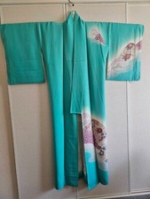 Vintage Japanese Kimono 100 Pure Silk Cyan Purple Flowers and Mountains