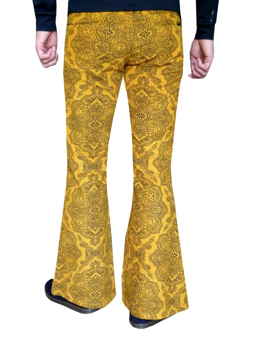パンツ 60s corduroy painted design flare pants FLARES Yellow Paisley Mens Bell Bottoms Corduroy Pants vtg