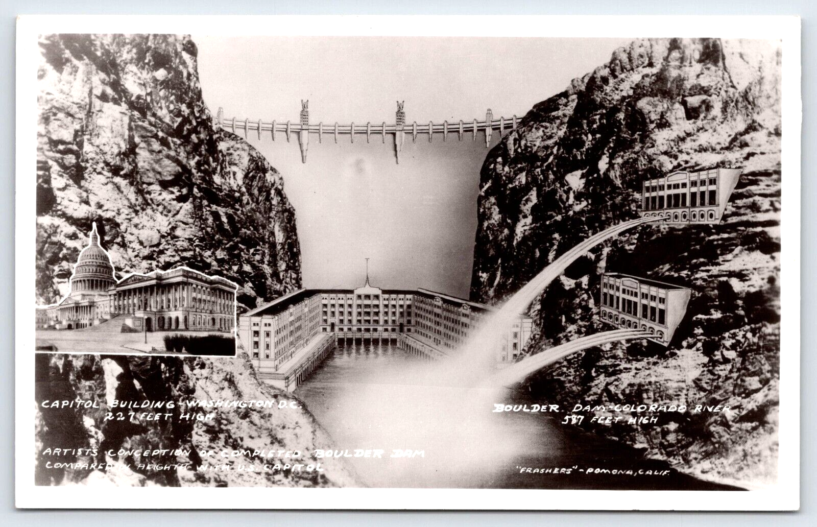 Original Old Vintage Postcard Boulder Dam Artist Conception Colorado River