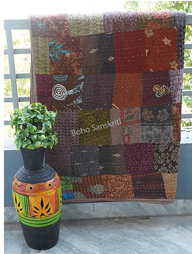 Bohemian soft kantha quilt Patchwork block blankets Queen size 108x90 inches - Picture 15 of 60