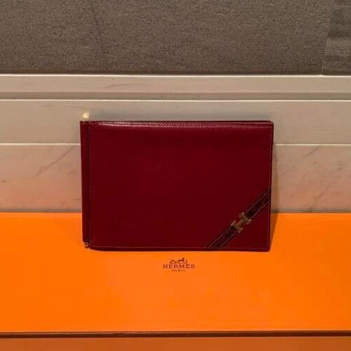 Authentic Hermes Vintage Money Clip Wallet Leather Red
