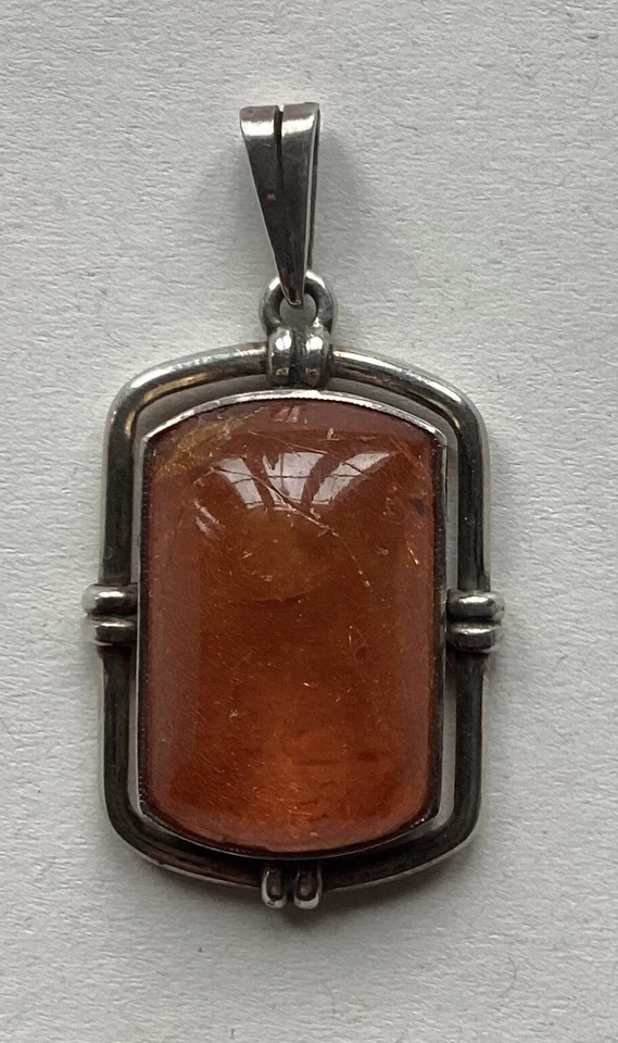 Pendente In Argento Con Ambra 830 Vintage Art-Deco Fatto A Mano - Immagine 4 di 4