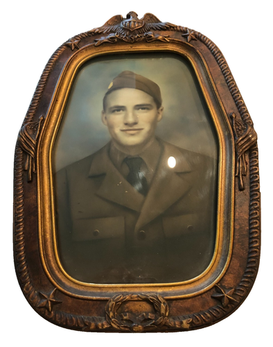 ANTIQUE WW1 PHOTO SMILING SOLDIER IN GOLD USA FRAME BUBBLE GLASS - Picture 15 of 18