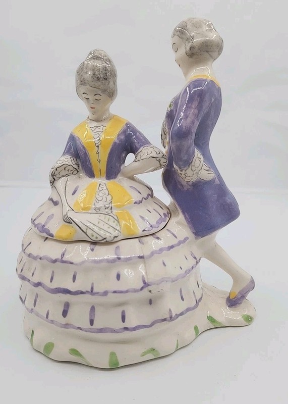 Vintage  Half Doll Powder Box, Dresser Jar Colonial Couple