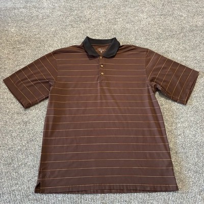 Pebble Beach Performance Mens Polo Shirt Size L Brown Striped Short Sleeve