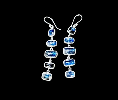 Elegant Kyanite & Sterling Silver Quintuple Drop Long Dangling Earrings