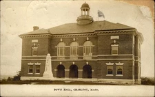 Town Hall ~ Charlton Massachusetts MA ~ Civil War monument ~1906 RPPC real photo