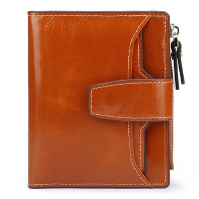 Women's RFID Blocking Leather Small Compact Bi-fold Zipper Pocket Card Case