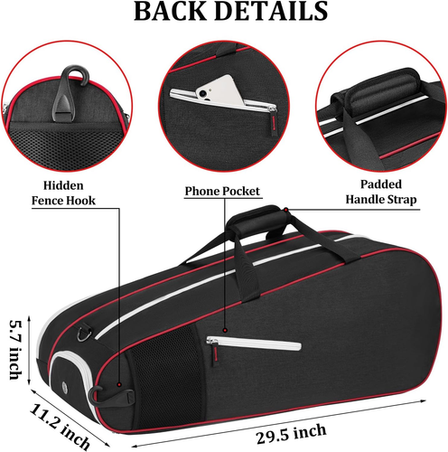 Tennis Bag 6 Rackets, Large Tennis Racket Bag for Men Women with Insulated Pocke - Foto 8 di 12