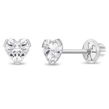 Delicate Simulated Birthstone Heart Girls Earrings Screw Back - 14k White Gold