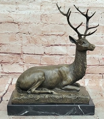 Sculpture Forest Deer Elk Stag Bronze Animal Statue Sitting by P. Lecourtier Art