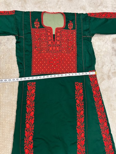 Green Vintage Palestinian Traditional Thobe- Hand-Embroidered Tatreez Dress - Picture 7 of 24