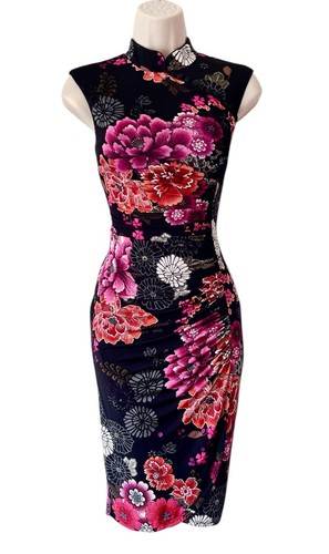 Phase Eight Cheongsam Dress Size 10 Black Chinese Oriental Floral Stretch Pencil - Picture 2 of 13