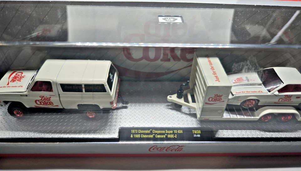 M2 Machines 1973 Chevy Cheyenne/1985 Chevy Camaro IrocZ CHASE Diet Coke Hauler - Image 3 of 4