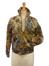 Embellished Brocade Jacket Gold Floral Crystal Zip Front Cropped Women S
