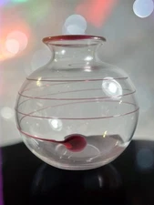 Handblown Clear Glass Round  Vase W/ Red  Swirl & Dot- Murano Style 6.5” X 6”