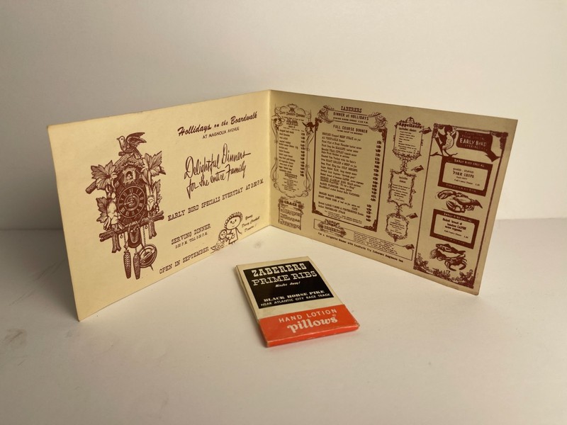 Vtg Zaberer’s Restaurant Atlantic City Menu & Rare Hand Lotion Matchbook Set