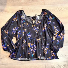 Ava & Viv Womens Plus Size 3X Black Floral Peplum Smocked Long Sleeve Blouse