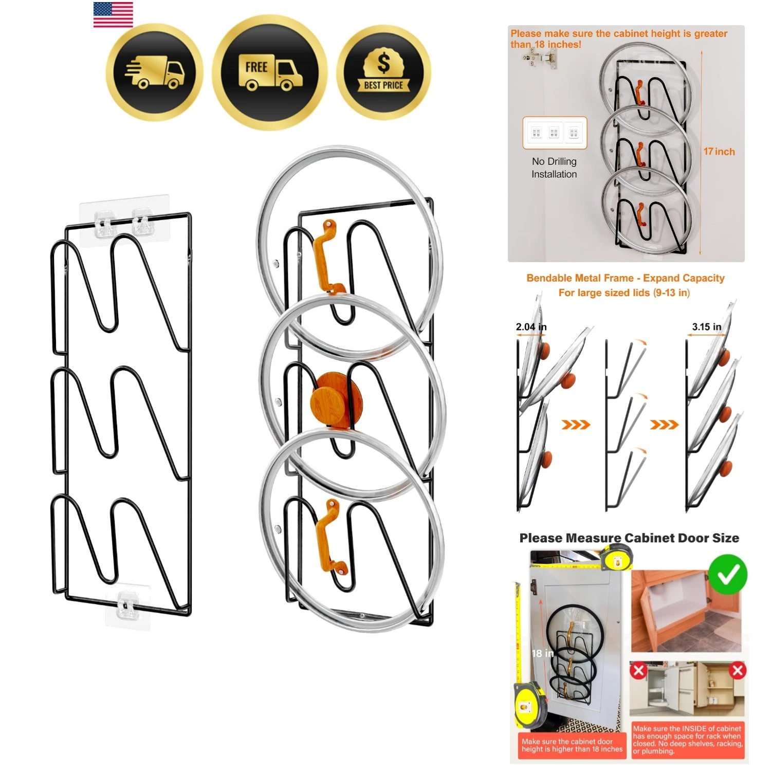 2 Pack Pot Lid Organizer Rack, 6-Tier Pot Lids Holder for Cabinet Door/Wall, ...