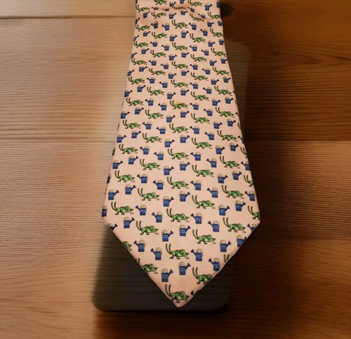 Vtg. Tommy Hilfiger 100% Silk Pink & Blue Grasshopper Watering Can Tie USA Made