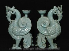 Coppia sculture uccellino fenice dinastia porcellana forno ru cinese antico 7,3"