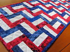 Handmade Quilted Table Runner, Patriotic Red White Blue, 3-Rail Fence Block
