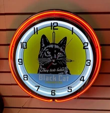 Vintage Black Cat Cigarettes Tobacco Ferral Sign Orange 18" Metal Neon Clock