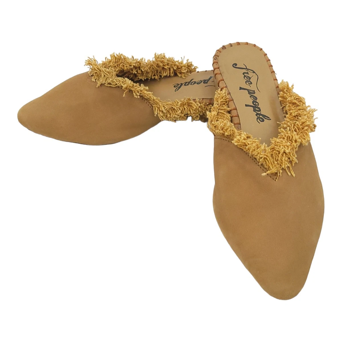 Free People Newport Mules Clogs Flats Shoes US 6 EU 36 Fringe Pointed Toe Tan