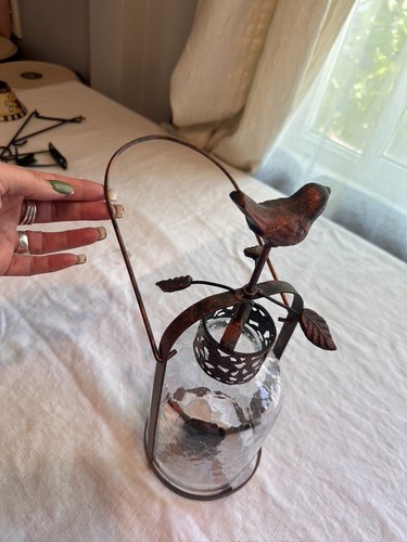Linterna de vela vidrio craquelado con marco de cobre colibrí India vintage 12,5" - Imagen 7 de 24