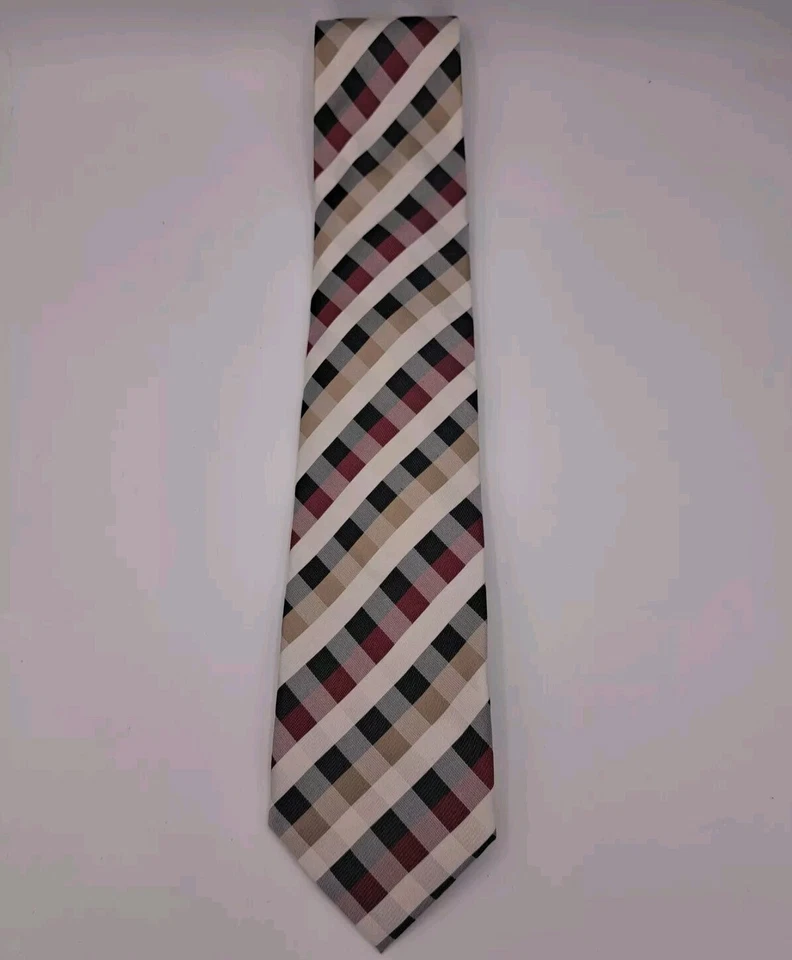 Hermosa corbata a cuadros Paul Malone granate, gris y tostado 100 % seda. Hecho a mano.  Foto 2 de 4