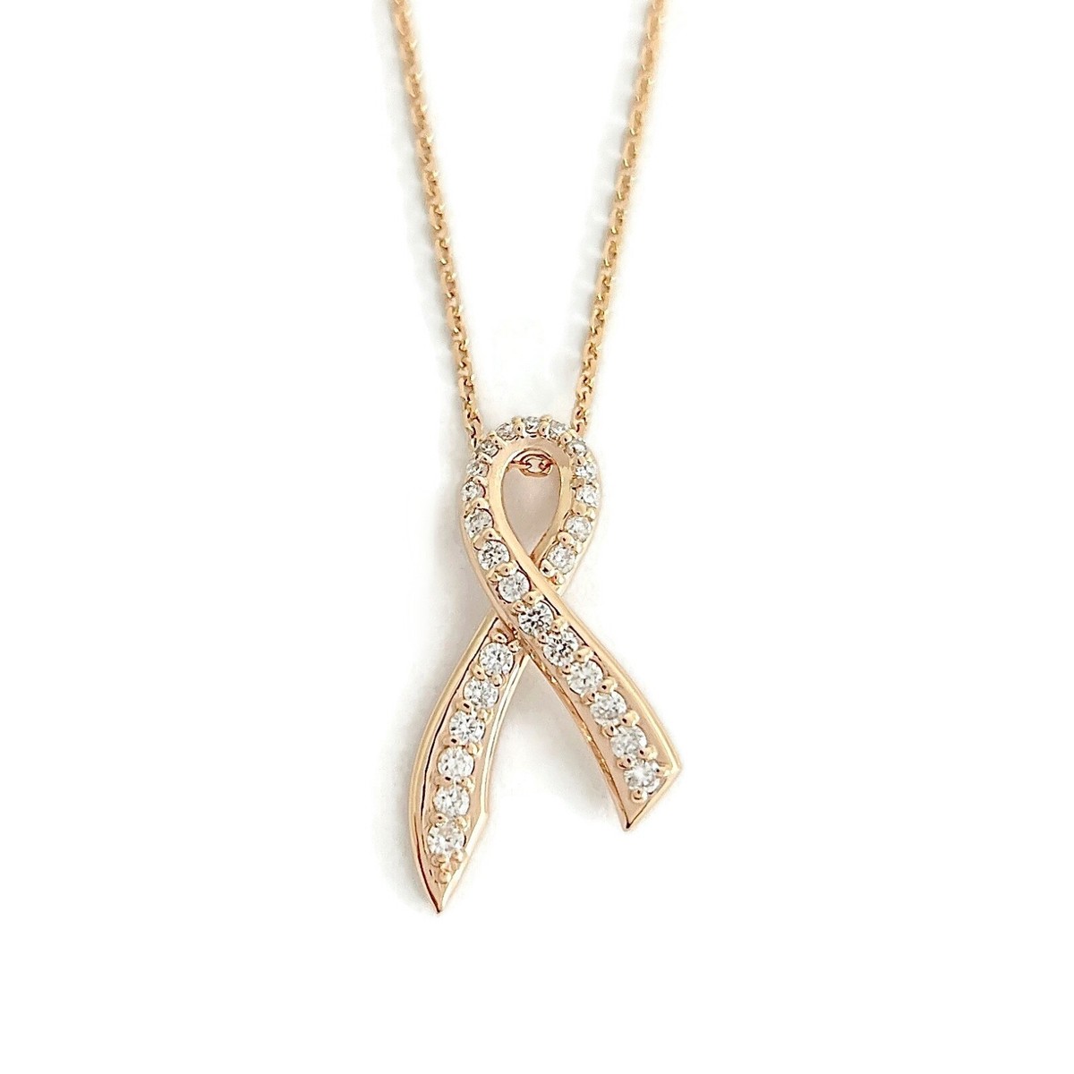 Diamond Breast Cancer Awareness Ribbon Pendant Necklace 14K Rose