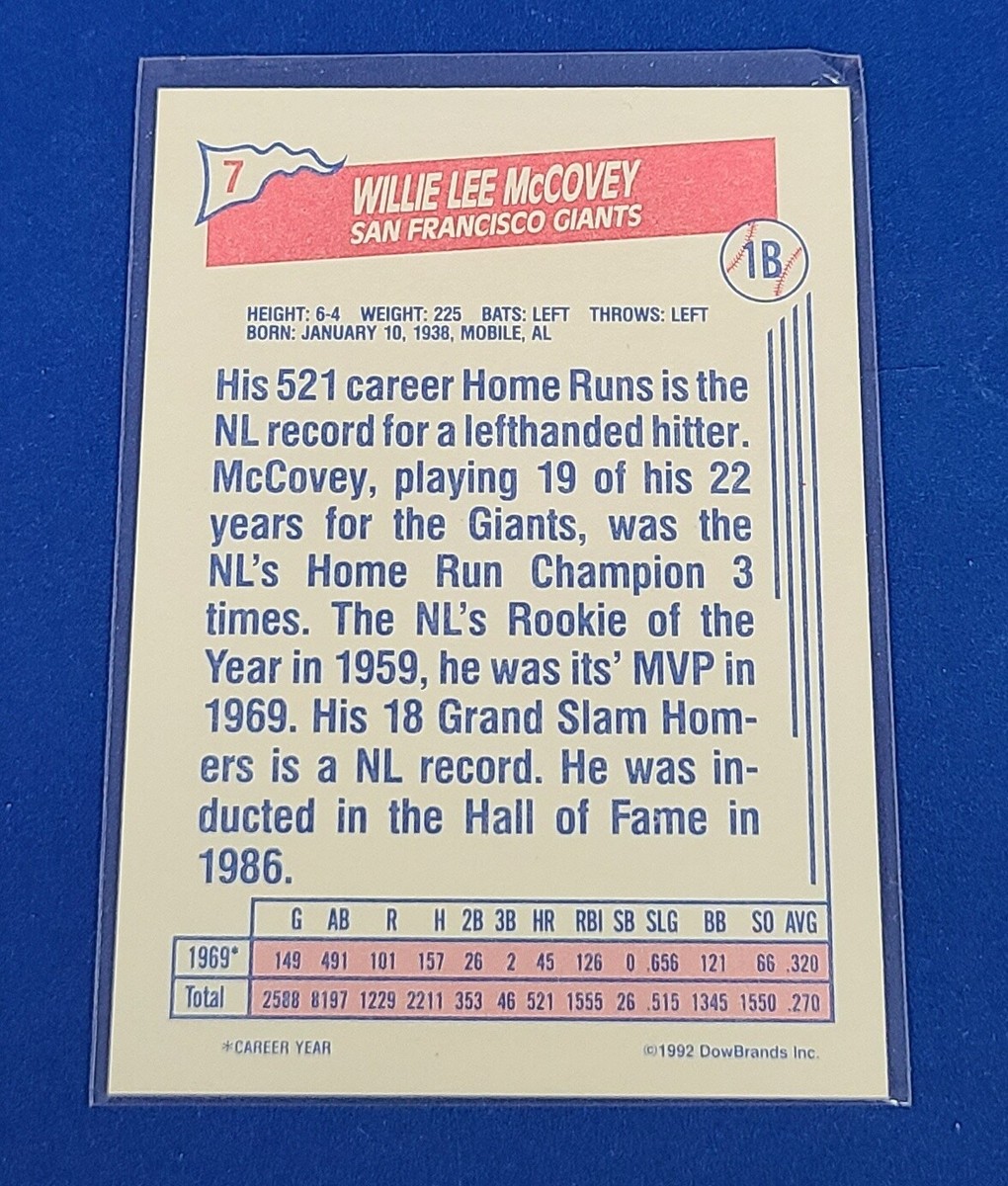 1992 DowBrands Ziploc #7 Willie McCovey San Fran Giants 1992 DowBrands Ziploc #7 Willie McCovey San Fran Giants