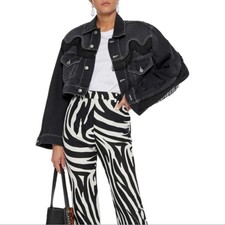 Ganni Rienzi Cropped Fringe Denim Jacket Washed Black Size 36 Small