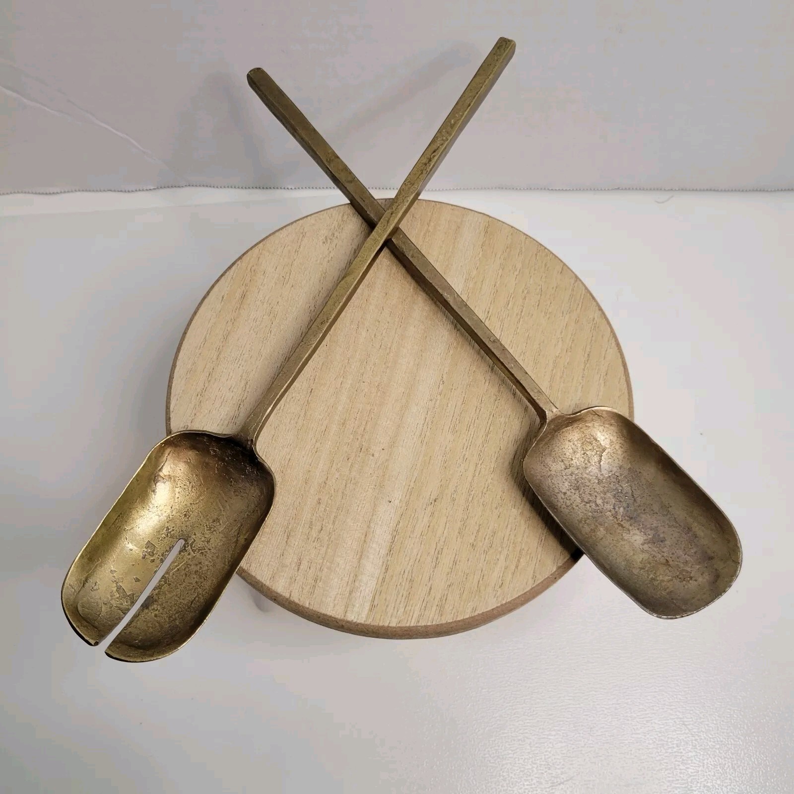 Brass Salad Serving Set Fork Spoon Matte MCM Rustic Minimalist