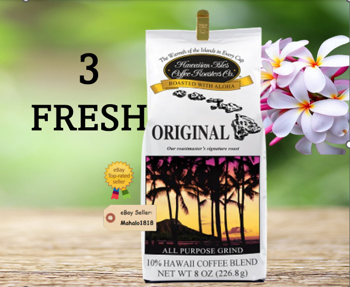 🌺 3 Hawaiian Isles Coffee ORIGINAL 10% Hawaiian coffee Blend 8oz Ground