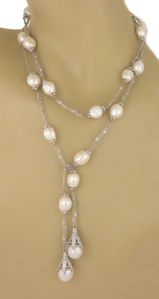 Collar Diamante Oro Perla Torre Casquillo Estilo 18k Blanco Lariat 42" Largo Foto 2 de 4