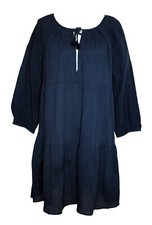 J CREW S Dress Navy Blue Tiered Tasseled Neckline Cotton Long Sleeve Swing EUC