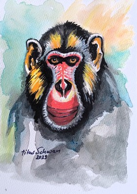 Original Gemälde Aquarell direkt vom Künstler Affe. Geschenke für Wohndekoration