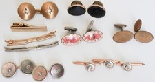 9- Vintage Mens Gold Color Diamond Black Stone Enamel Cuff Links  Tie Bar Sets