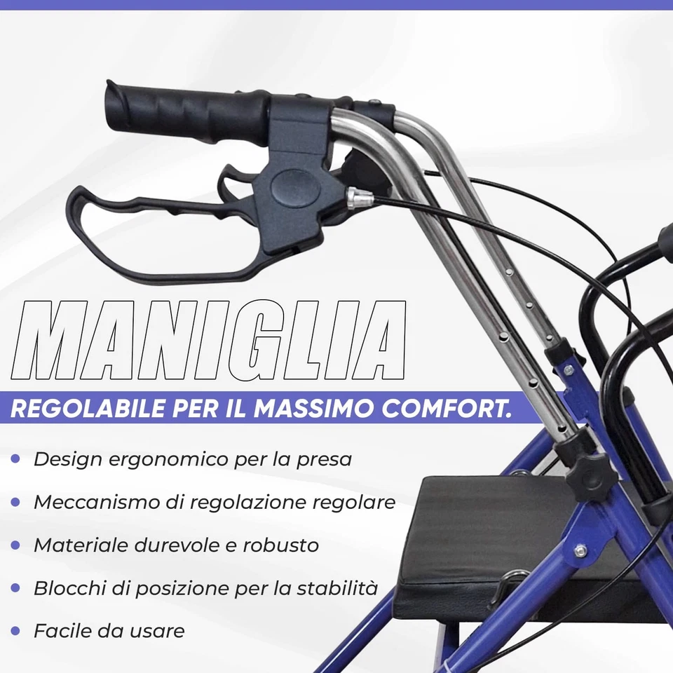 DEAMBULATORE 4 RUOTE, PIEGHEVOLE PER ANZIANI DISABILI CON SEDUTA CESTINO E FRENI - Immagine 3 di 4