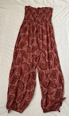 Urban Outfitters Paisley Strapless Smocked Jumpsuit Boho Rayon Wide Leg Womens