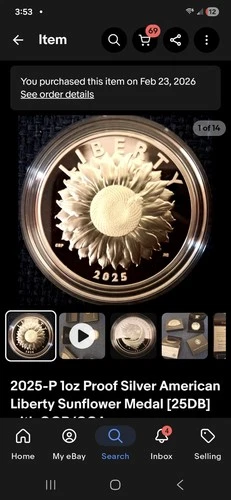 2025-P 1oz Proof Silver American Liberty Sunflower Medal [25DB] with OGP/COA